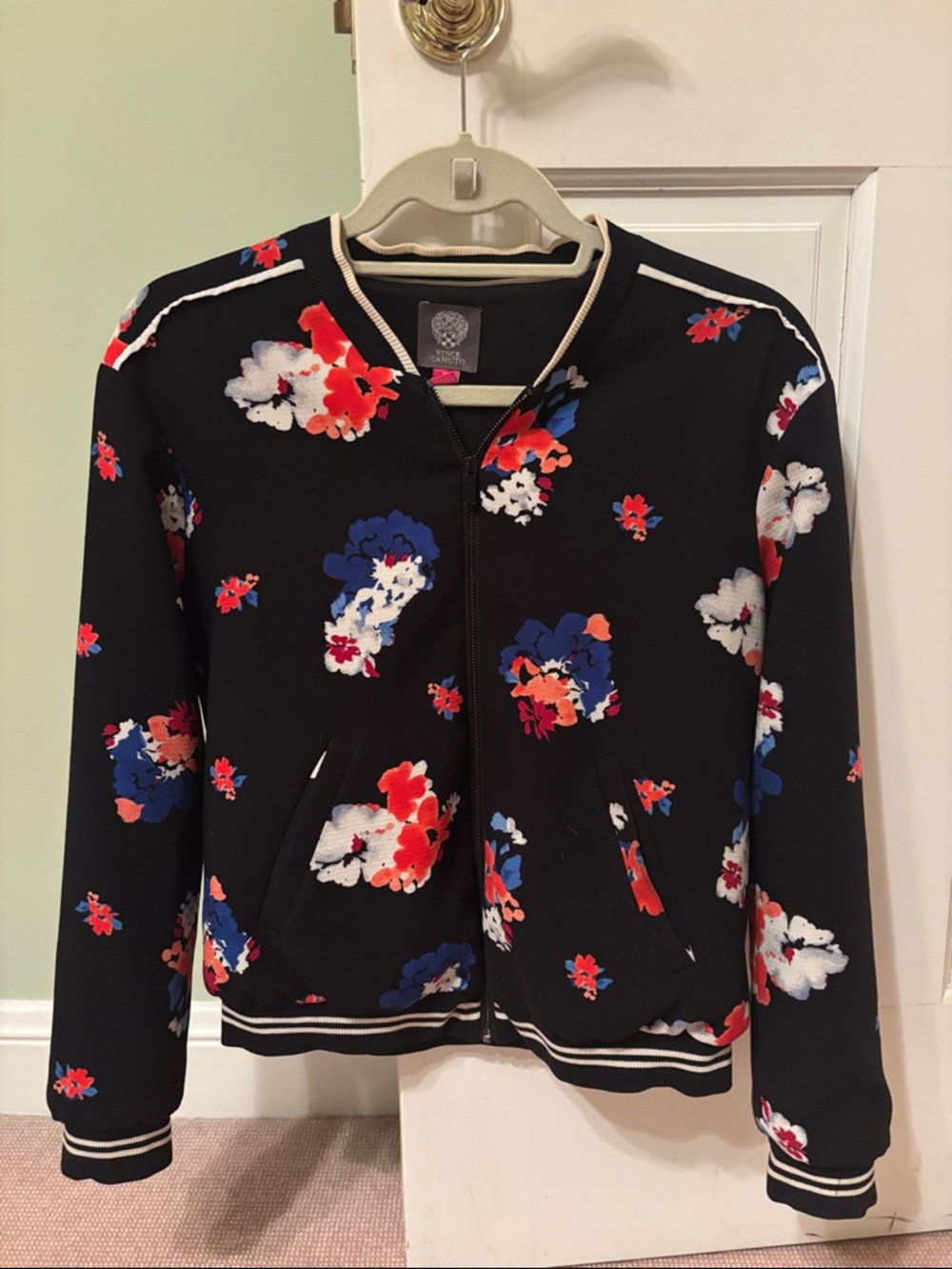 Vince Camuto Black Bomber Jacket with Red & Blue Floral Print
